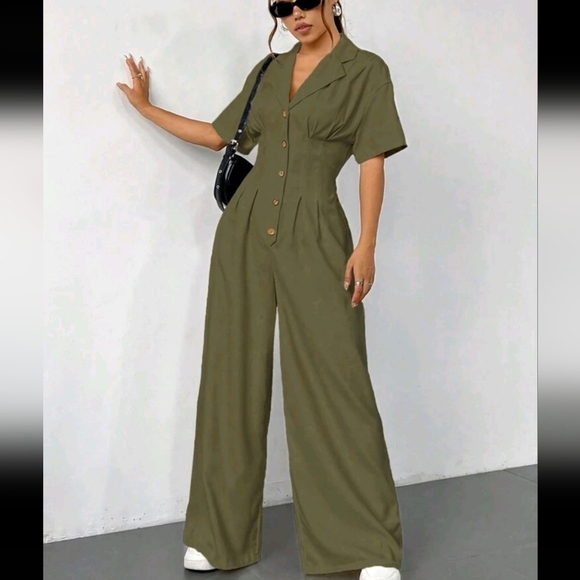 Plain Front Button Closure Short Sleeve Casual Pleated Jumpsuit - Picture 4 of 4